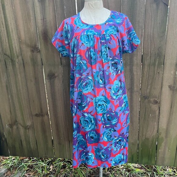 Vintage VISIONS Blue Purple Floral ROSES HOUSEDRESS Muumuu S - Picture 1 of 5